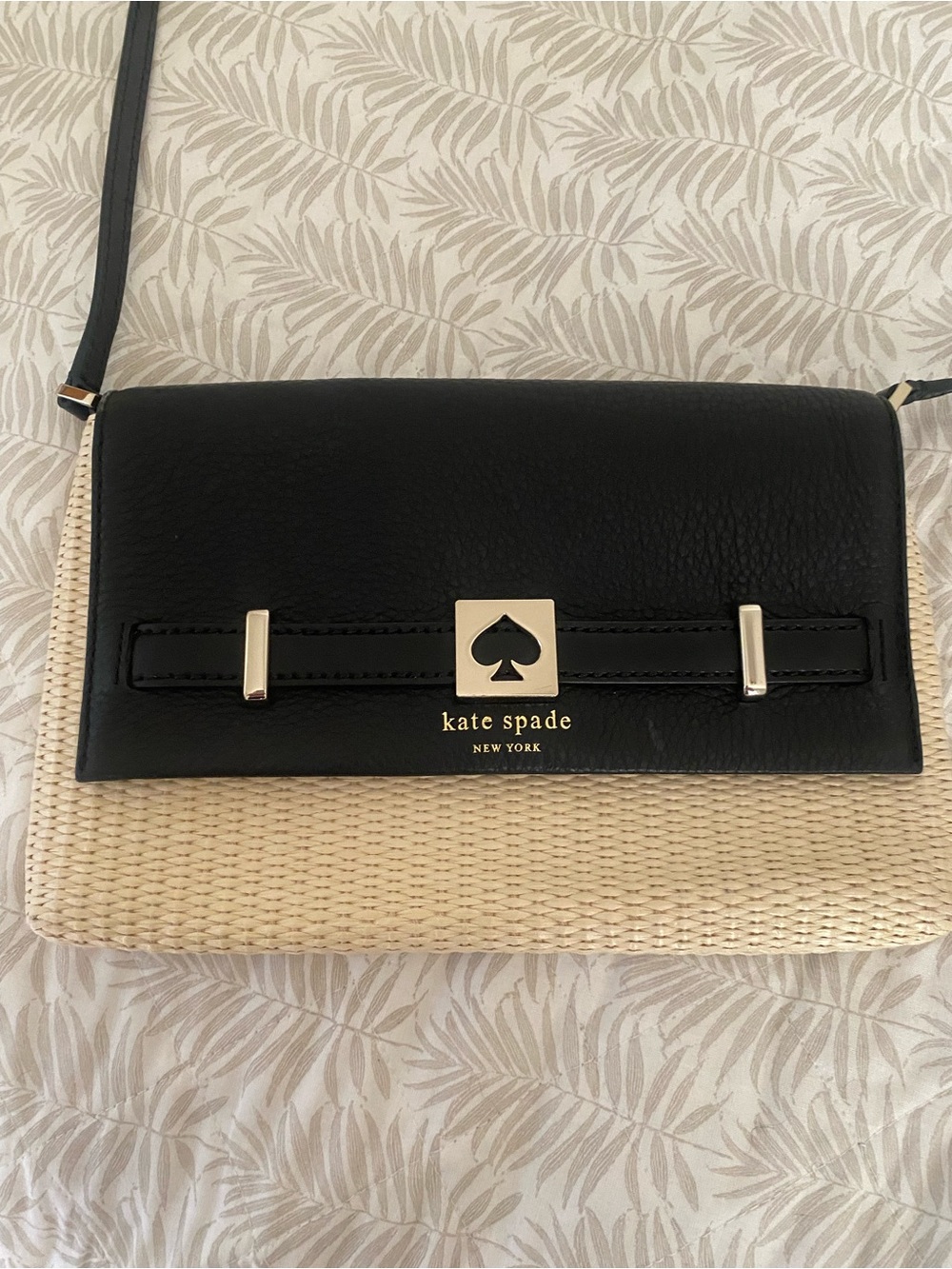 kate spade Black and Natural Woven Leather Crossbody Wallet